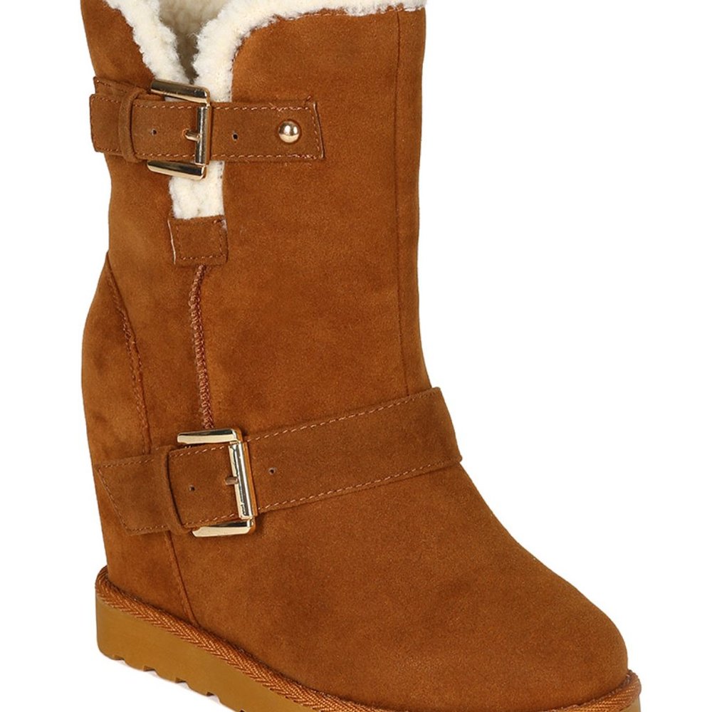 Nature Breeze Brooks-02 Suede Fur Shearling Buckle Hidden Wedge Bootie - Sz 8.5